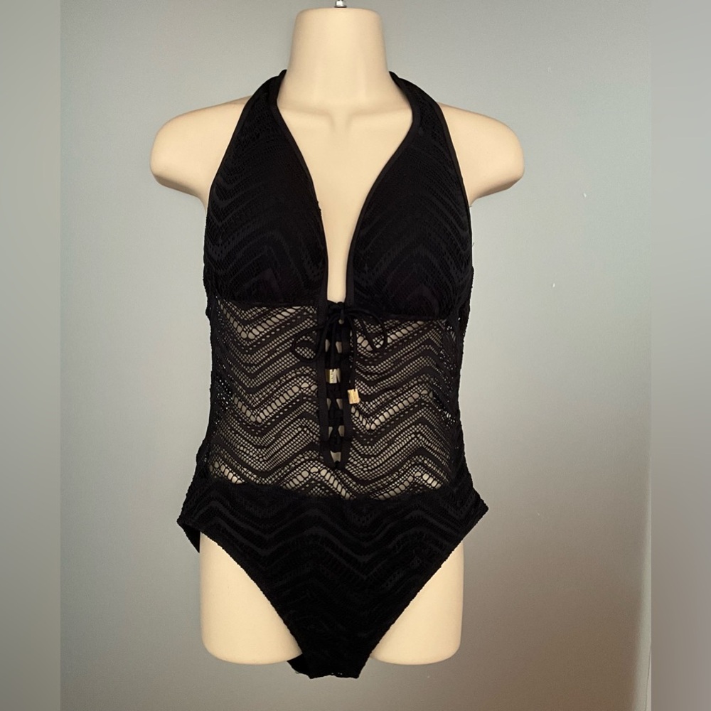 Sexy Black Lace One Piece Halter Top Bathing Suit from BLEU Rod Beattie Swimwear